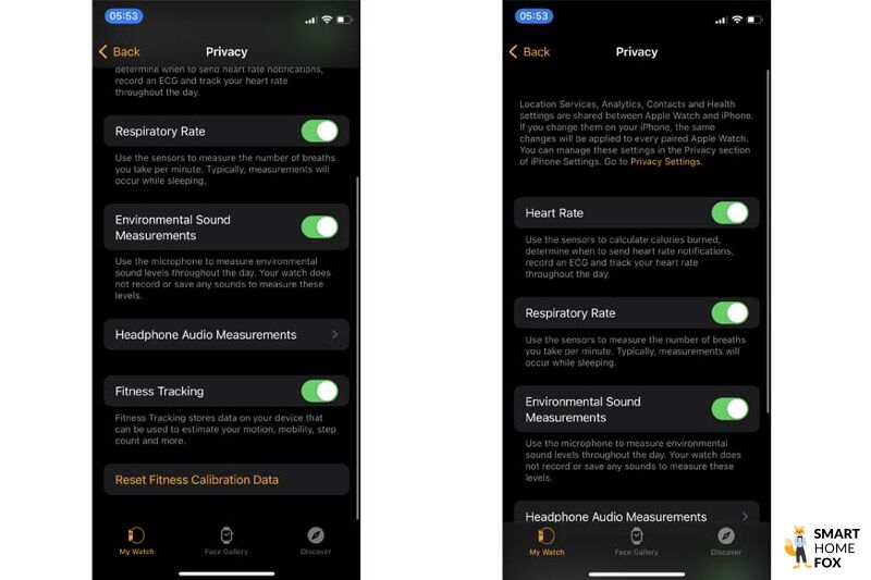 You can see the privacy settings in the Watch app.
